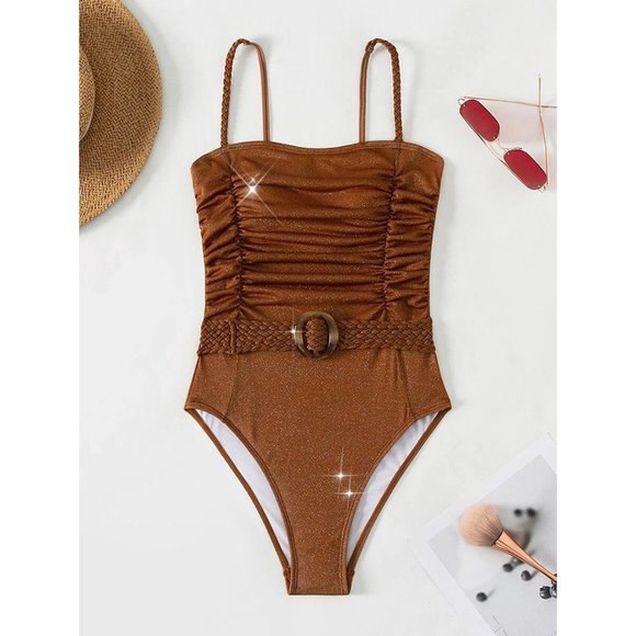 NEW Ruched Ring Linked Belted One Piece Swimsuit M - Picture 3 of 7